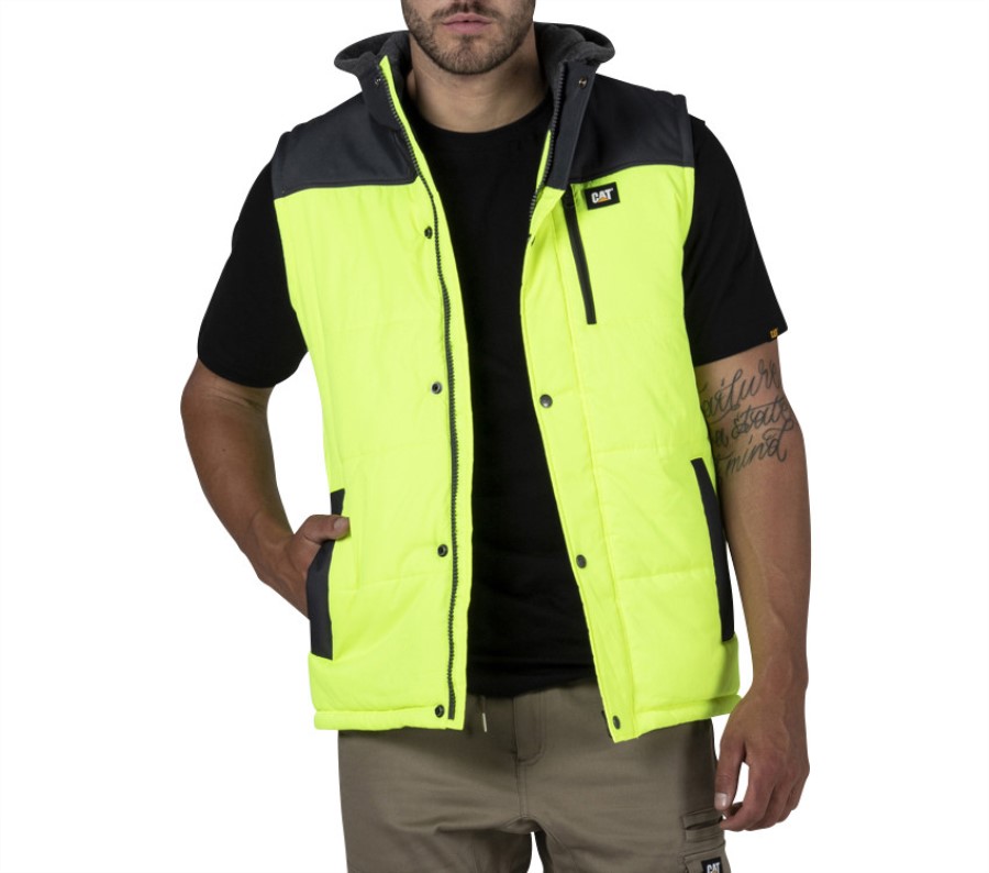 Hi Vis Hooded Work Vest Yellow Black Caterpillar