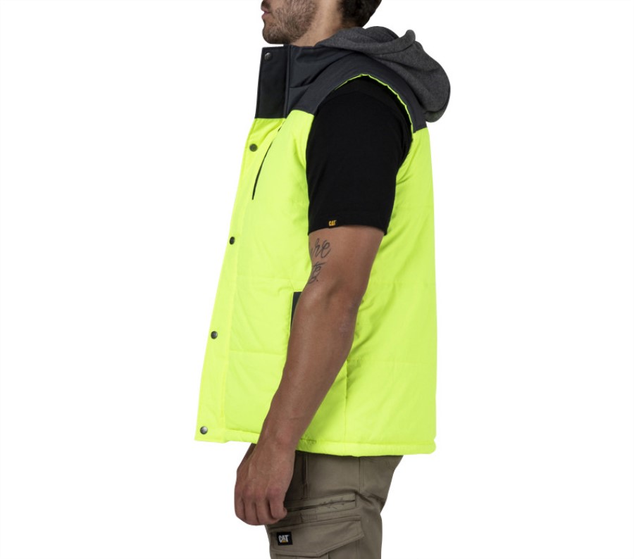 Hi Vis Hooded Work Vest Yellow Black Caterpillar