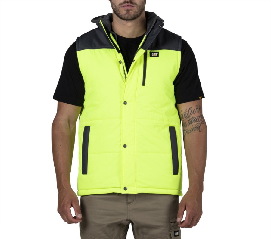 Hi Vis Hooded Work Vest Yellow Black Caterpillar